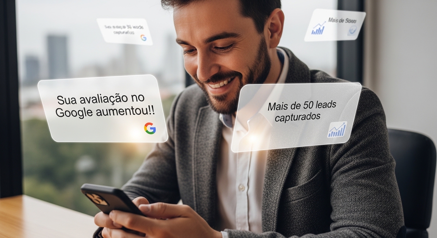 Empresário vendo resultados do Avalio no celular
